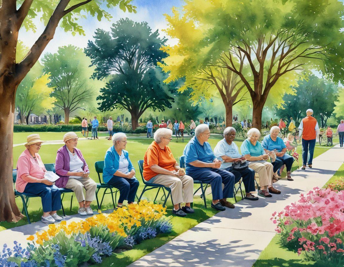 A diverse group of seniors engaging in community activities, showcasing vibrant parks with accessible paths, supportive volunteers, and social gatherings in warm colors. Illustrate elements of advocacy, such as informative posters and friendly interactions, in a lively neighborhood setting. Ensure the atmosphere feels welcoming, inclusive, and empowering to embody senior independence. watercolor painting. warm, inviting colors.