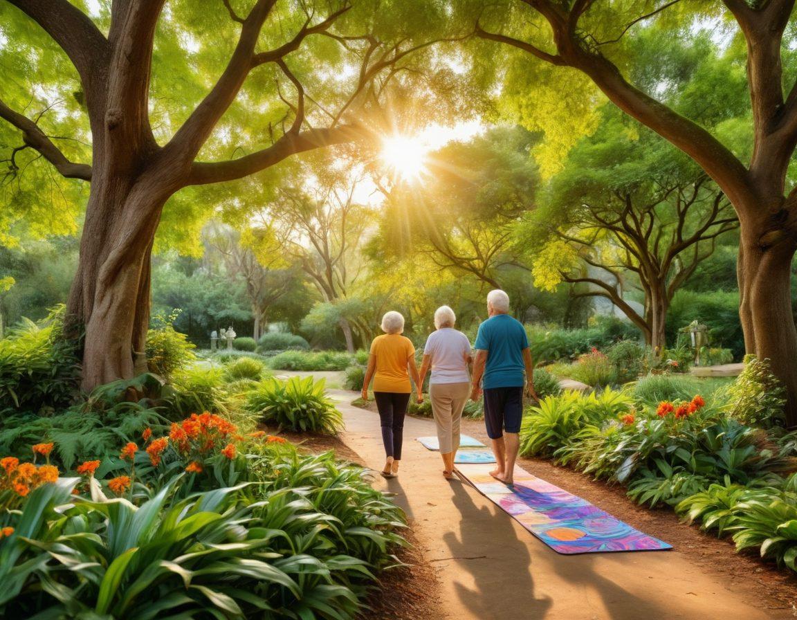 A serene park scene depicting happy seniors enjoying various activities: one couple walking hand in hand, another group chatting under a tree, and an individual painting on a canvas. Bright golden sunlight filters through lush green leaves, creating a warm and inviting atmosphere. Include elements like yoga mats and gardening tools to represent wellness and an active lifestyle. cheerful, community-focused, vibrant colors, soft focus.