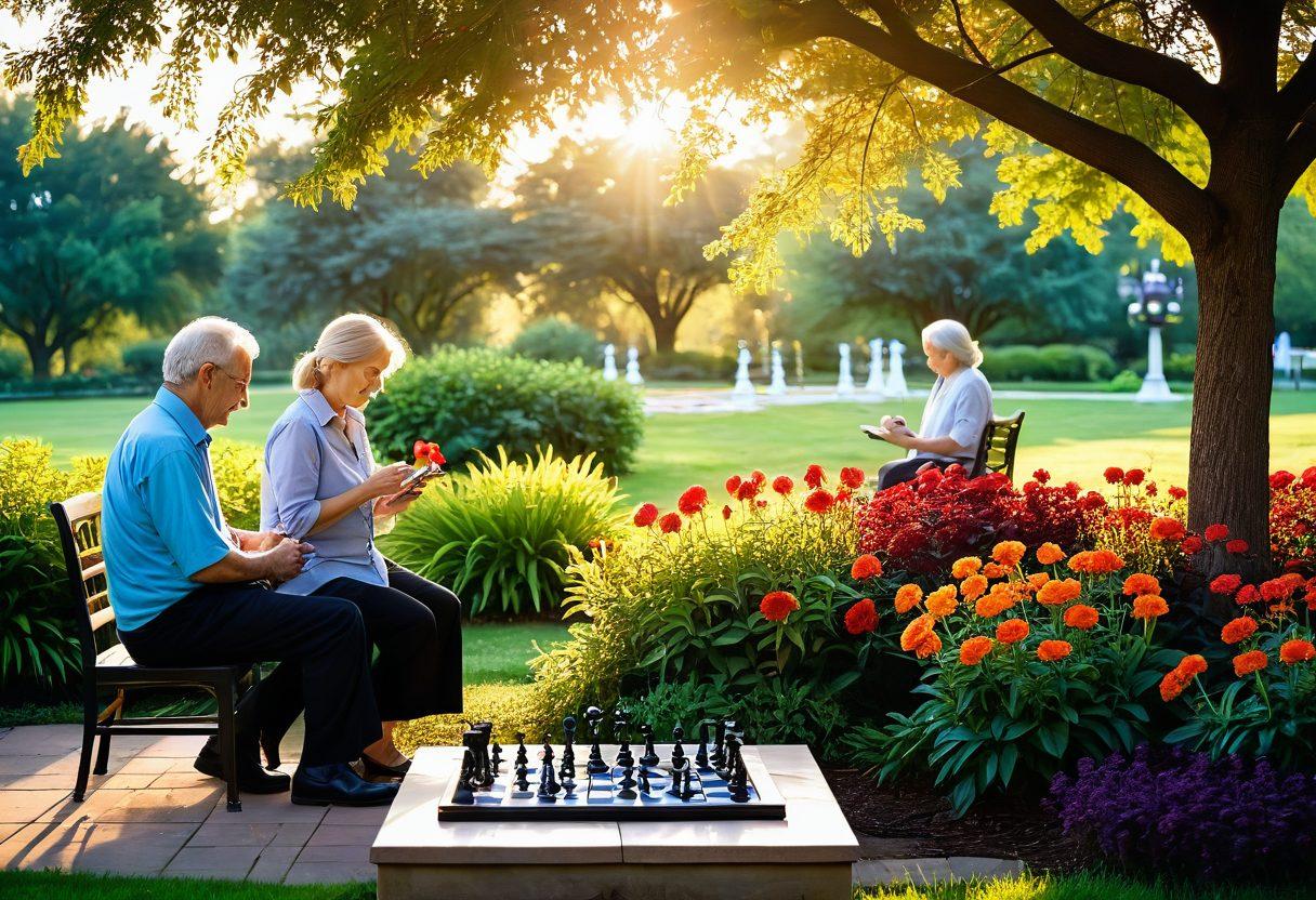 A serene park scene featuring a diverse group of retired individuals engaging in various activities like gardening, painting, and playing chess, with a warm sunset illuminating their joyful expressions. Include blooming flowers and trees, symbolizing growth and new beginnings in their post-employment life. super-realistic. vibrant colors. soft focus.